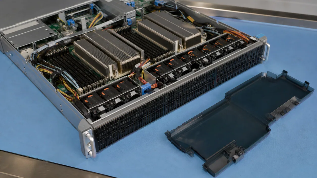 A server chassis and removable airflow baffle during maintenance preparation.
