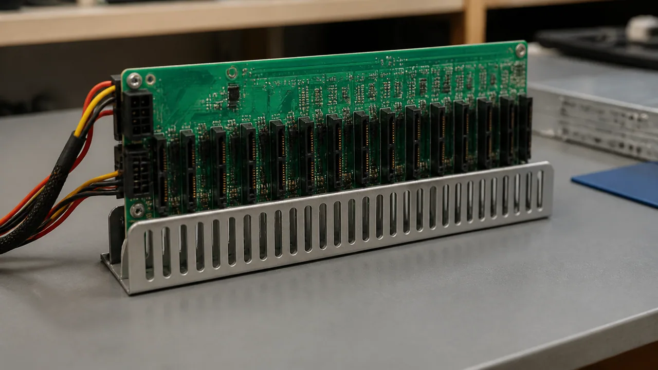 A server drive backplane supported for inspection.