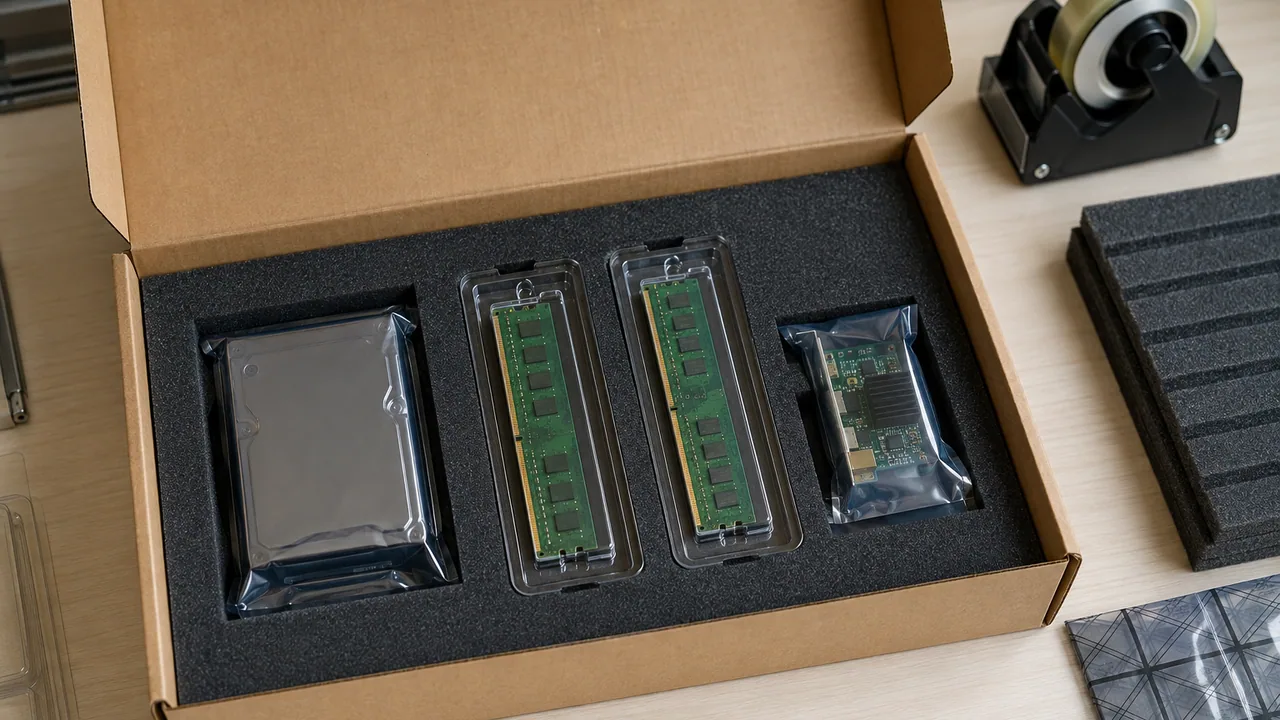 Illustrative scene; not an exact-unit photograph. Component handling and protective packaging — illustrative scene
