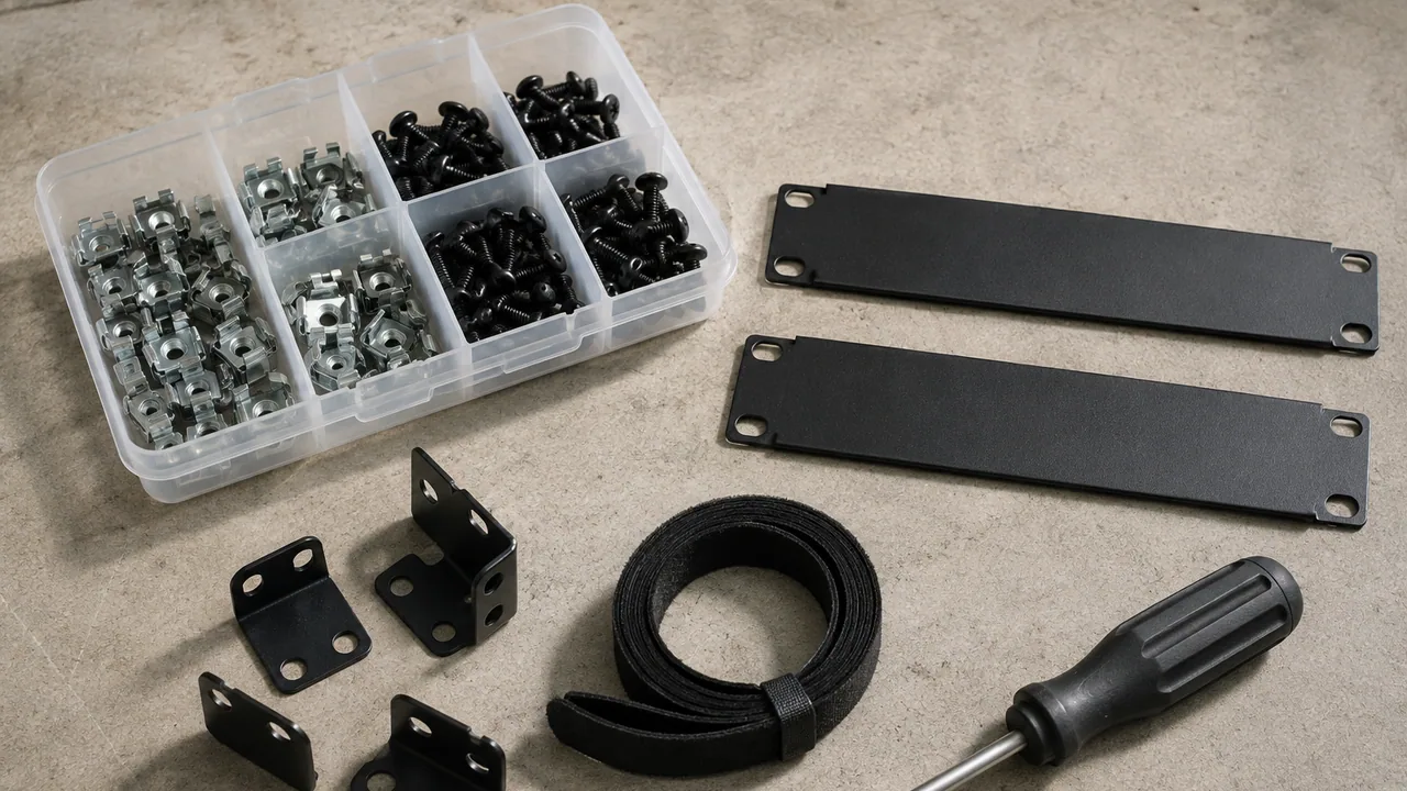 Rack fasteners, brackets, blanking panels and cable-management supplies.