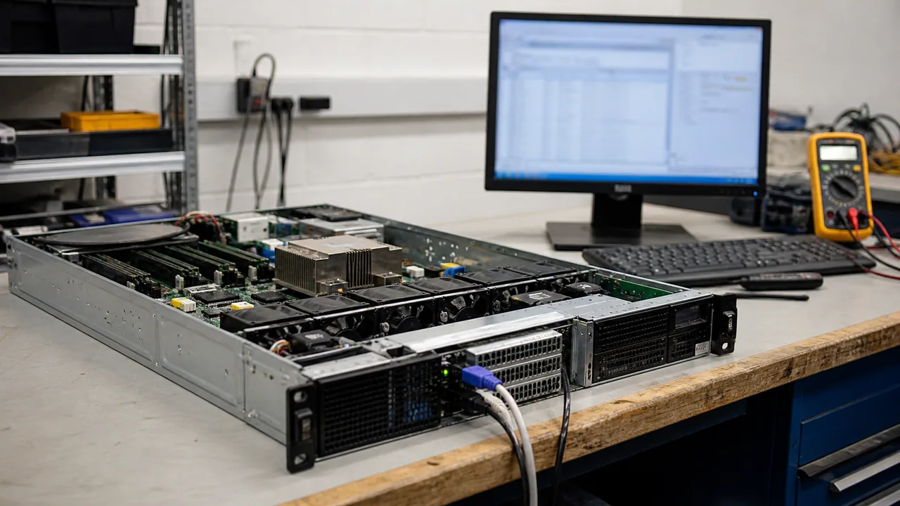 Illustrative scene; not an exact-unit photograph. Server on a diagnostic workbench — illustrative scene