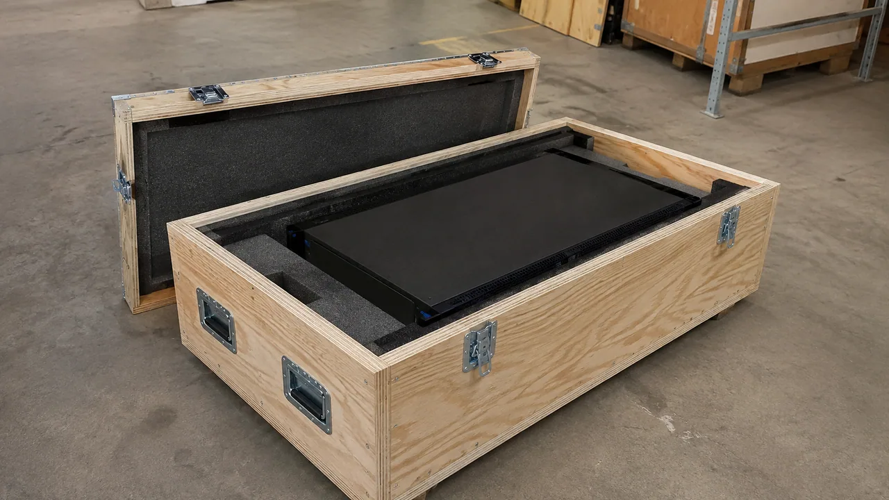 Illustrative scene; not an exact-unit photograph. Foam-protected equipment in a transport crate — illustrative scene