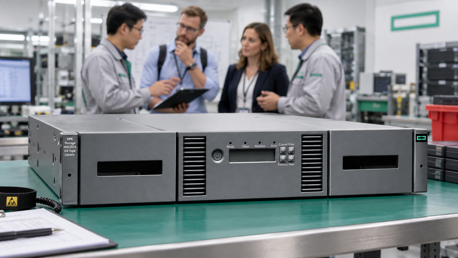 HPE MSL2024 G4 tape library in a bright equipment inspection setting