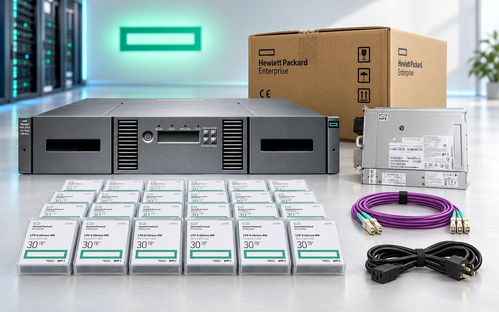 Visual mockup showing an illustrative arrangement of an HPE MSL2024 library, one LTO-8 FC drive, 24 cartridges, cables and carton